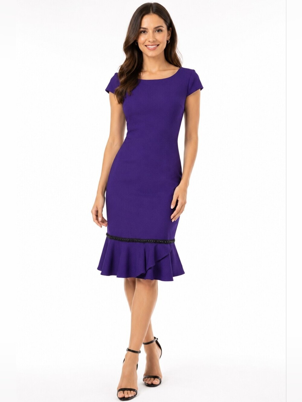 Karl Lagerfeld Paris Sheath Dress Size 4 Purple Ruffle Hem Beaded Trim